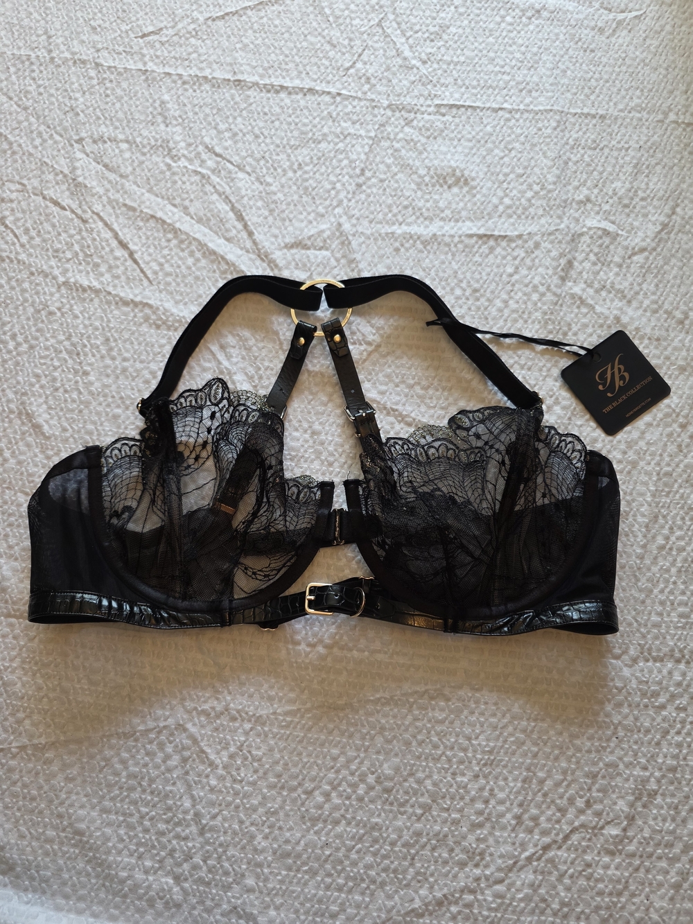 Honey Birdette Black Sheer Lace Harness Bra with Gold Ring 38 DDD NWT